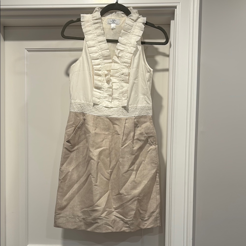 LOFT - size 2P White/Tan Ruffle Dress- shiny lurex fabric bridal shower